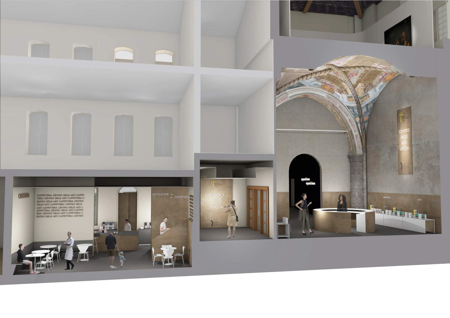 Renderizado del espacio de recepción del nuevo Centro de Arte de Lucca