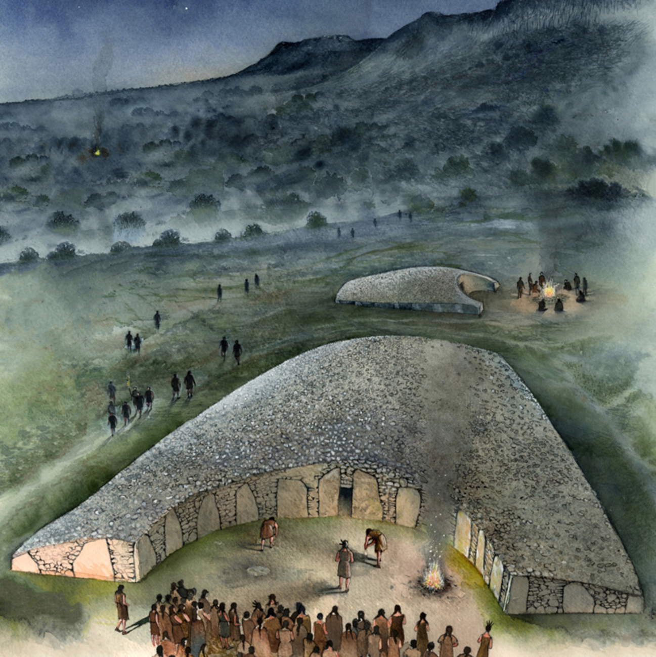 Ricostruzione illustrata di una cerimonia notturna presso il cairn camerato delle Tombe dei Giganti sull&rsquo;isola di Arran.