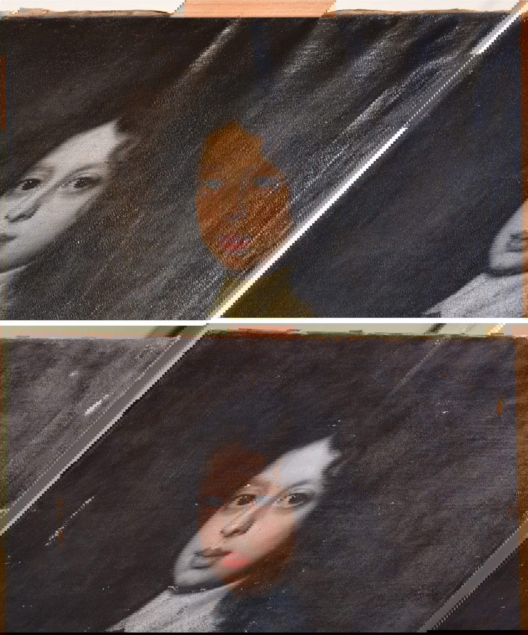 Avant et pendant le traitement d'élimination des déformations localisées (lumière rasante). Photo : The Phoebus Foundation