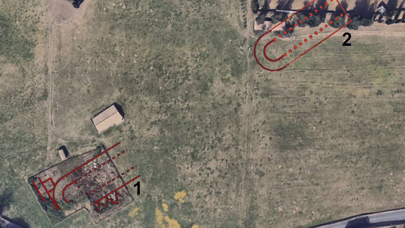 Las dos basílicas circiformes (la excavada hasta 2013 -1- y la ahora identificada -2-) entre Via Appia y Via Ardeatina. Foto: Lucrezia Spera