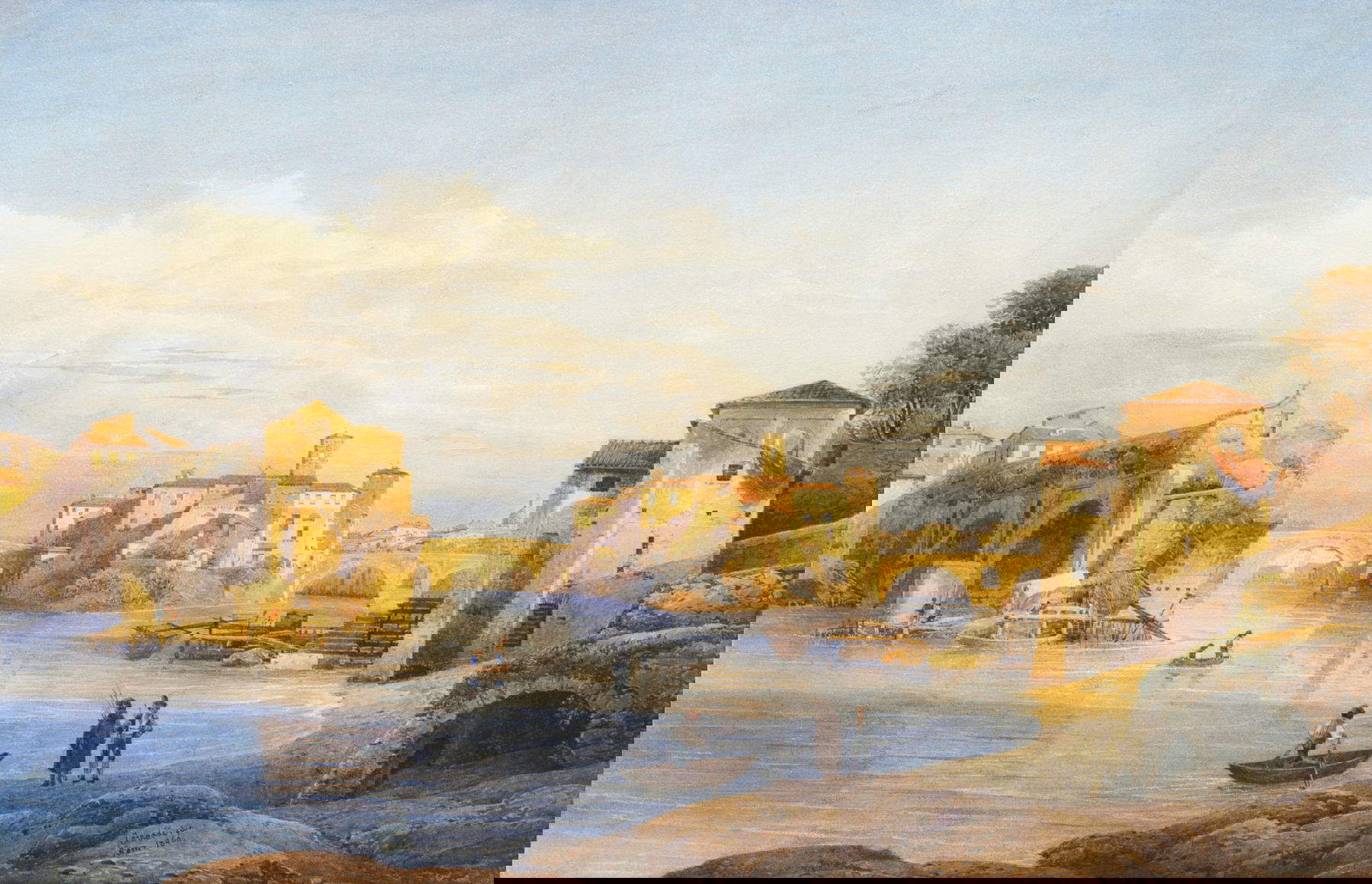 Salomon Corrodi, Veduta dell&rsquo;isola Tiberina con il Ponte Rotto&nbsp;(1840; acquerello)