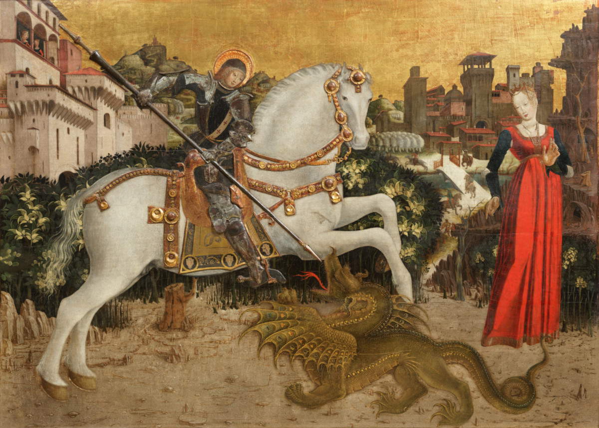 Pintor bresciano anónimo, San Jorge, el dragón y la princesa (c. 1460-1465; temple sobre tabla con gouache dorado y pan de plata, 168 x 119,5 cm; Brescia, Fondazione Brescia Musei, Pinacoteca Tosio-Martinengo)