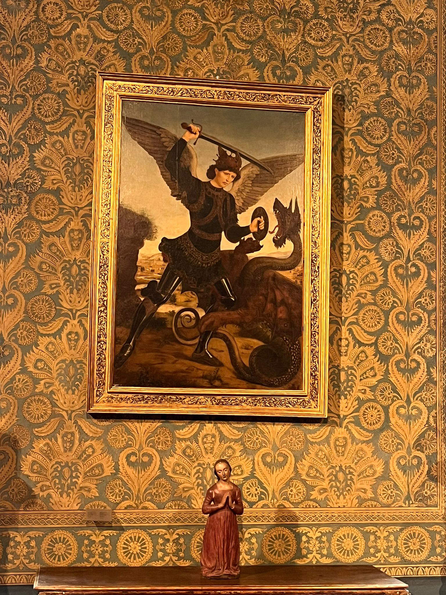 Piero del Pollaiolo (Piero Benci, known as del Pollaiolo), St. Michael the Archangel Shoots Down the Dragon (1460-1465; tempera on canvas, 175x116 cm (unframed); Florence, Museo Stefano Bardini)