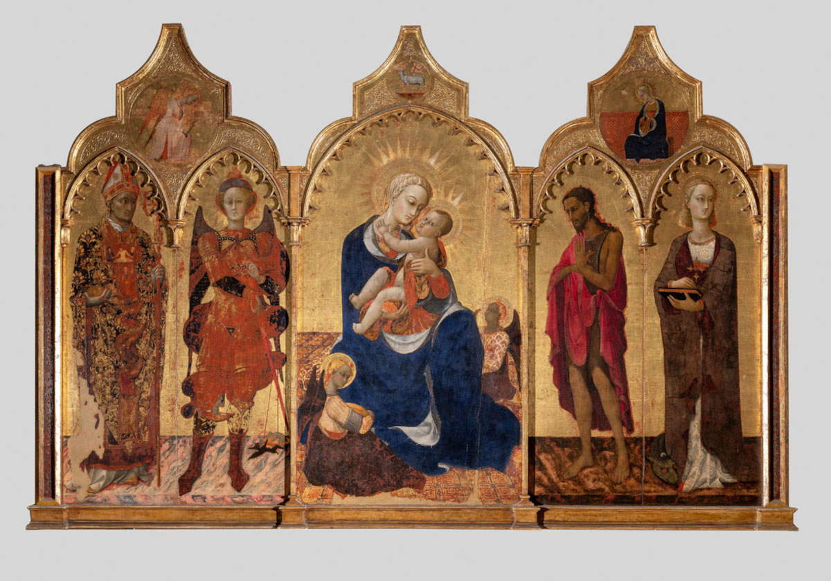 Stefano di Giovanni known as Sassetta, Madonna and Child with Two Angels; St. Nicholas of Bari and St. Michael the Archangel; St. John the Baptist and St. Margaret (c. 1435; tempera and gold on panel, 134 &times; 244 cm; Cortona, Museo Diocesano)