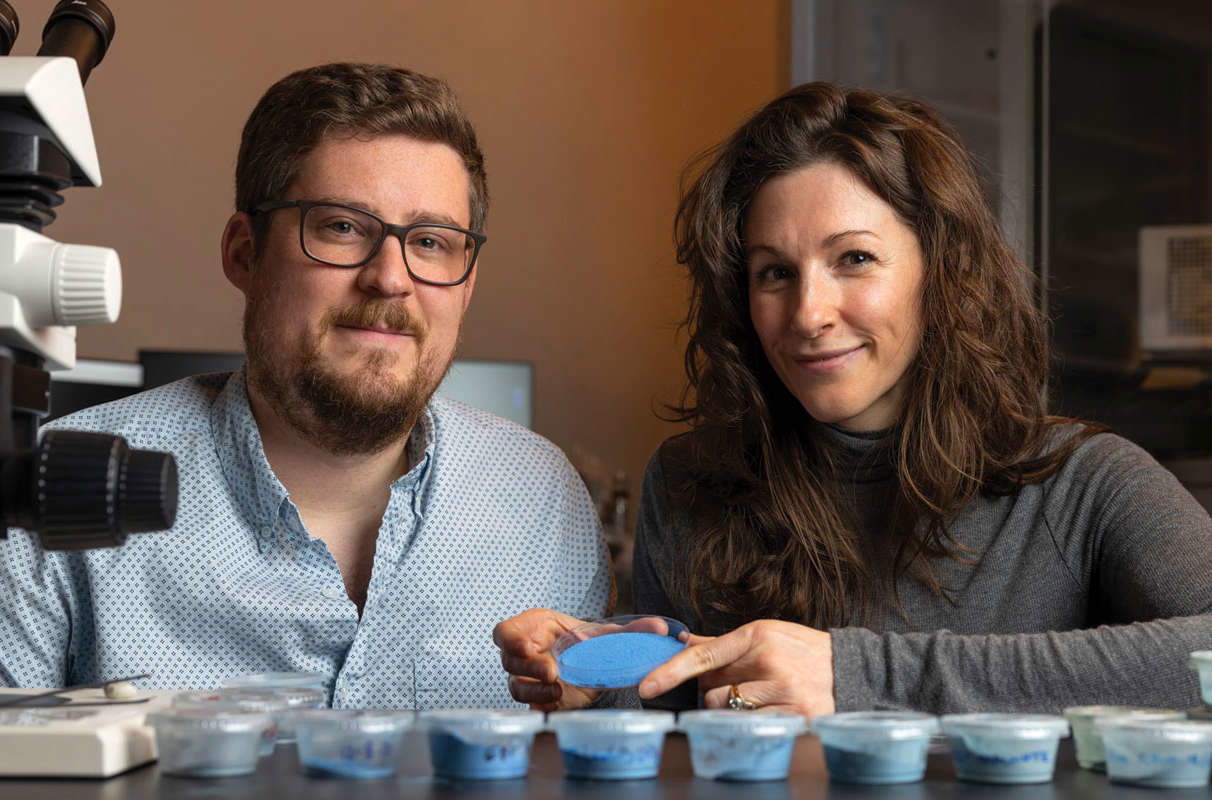 Travis Olds, a la izquierda, y Lisa Haney con los polvos creados por el equipo de la WSU para su investigación sobre el azul egipcio. Foto: Joshua Franzos, Museo Carnegie de Historia Natural. Travis Olds, a la izquierda, y Lisa Haney con los polvos creados por el equipo de la WSU para su investigación sobre el azul egipcio. Foto: Joshua Franzos, Museo Carnegie de Historia Natural.