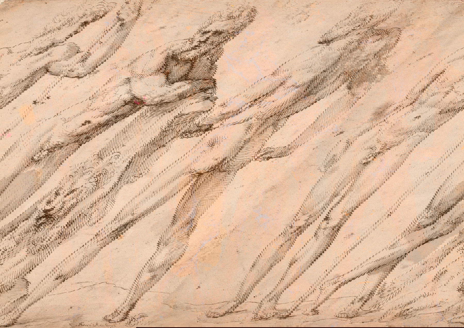 Scuola di Baccio Bandinelli, Tre figure maschili - La figura al centro &egrave; identificabile con Ercole, dato che &egrave; appoggiato a un tronco dal quale pende la pelle del leone (Prima met&agrave; sec. XVI; Firenze, Uffizi, Gabinetto Disegni e Stampe)