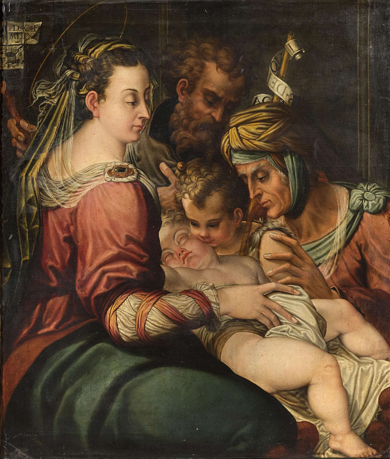 Bologneser Schule, Heilige Familie mit der Heiligen Anna und dem Heiligen Johannes (16. Jahrhundert; Öl auf Leinwand, 115 x 95 cm).