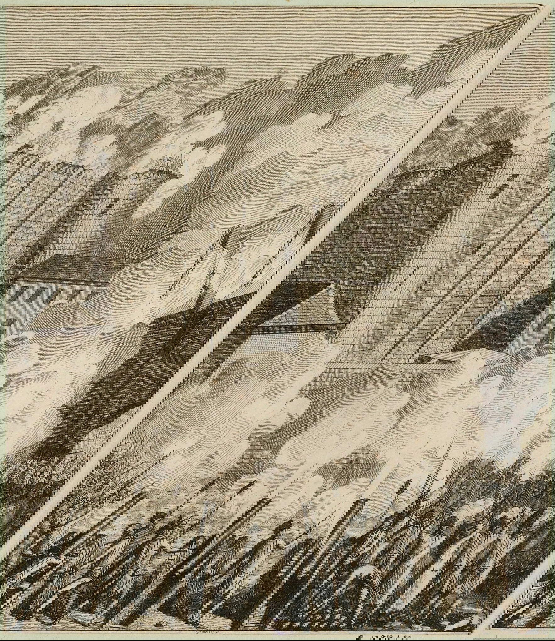 Scuola Olandese, Rivoluzione francese. Primo attacco alla Bastiglia, attuale 4&deg;, 11&deg; e 12&deg; arrondissement, 14 luglio 1789 (1784/1794; acquaforte, 17,1 x 14,8 cm; Parigi, Mus&eacute;e Carnavalet &ndash; Histoire de Paris). Su concessione di Paris Mus&eacute;es.