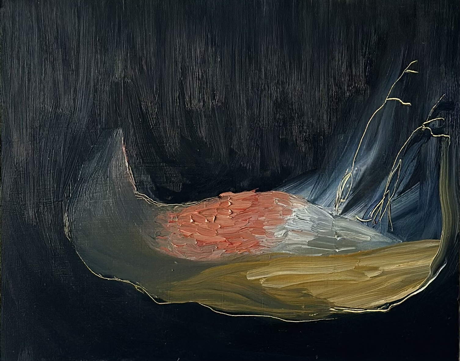 Sebastiano Sofia, A Robin forgot how to fly #3 (2024 olio su tavola, 20,3 x 25,4 cm). Su concessione dell&rsquo;artista e Boccanera Gallery Trento/Milano.