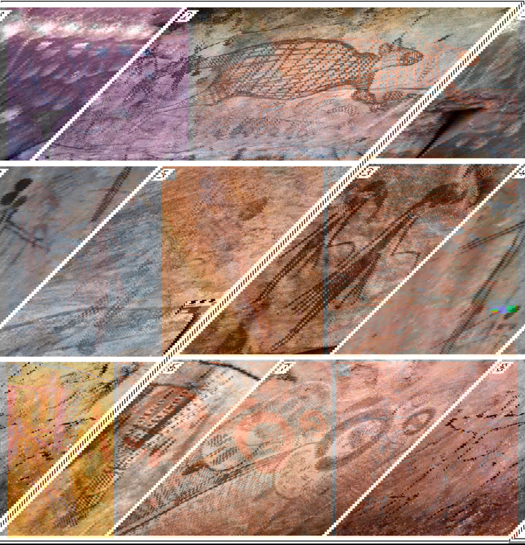 Sequenze di arte rupestre relativa di Kimberley: (1) Cupole; (2) IIAP; (3) Gwion; (4) Policromo statico; (5) Figure di stanti; (6) Mano dipinta; (7) Wanjina; e (8) Arte di contatto. Figura di Ana Paula Motta. Le immagini 1, 2, 3 e 7 sono dal database BAC/UWA, l'immagine 5 modificata da Gunn et al. (:165), immagine 6 modificata da Rock Art Australia (.d.); e immagine 8 modificata da O'Connor et al. (2013:545).