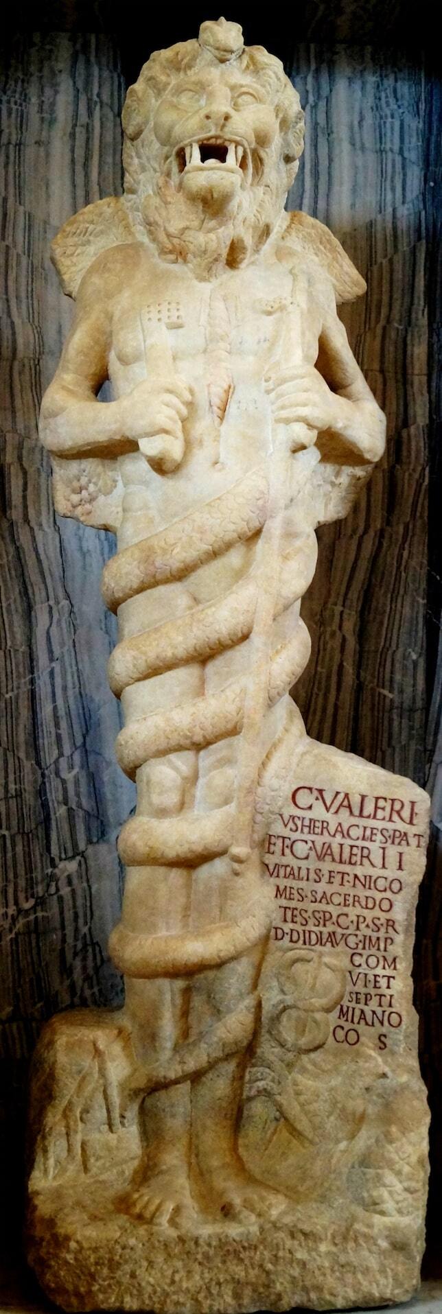 Statua marmorea di leontocefalo proveniente dal mitreo di Ostia, oggi all'ingresso del Museo della Biblioteca Vaticana.