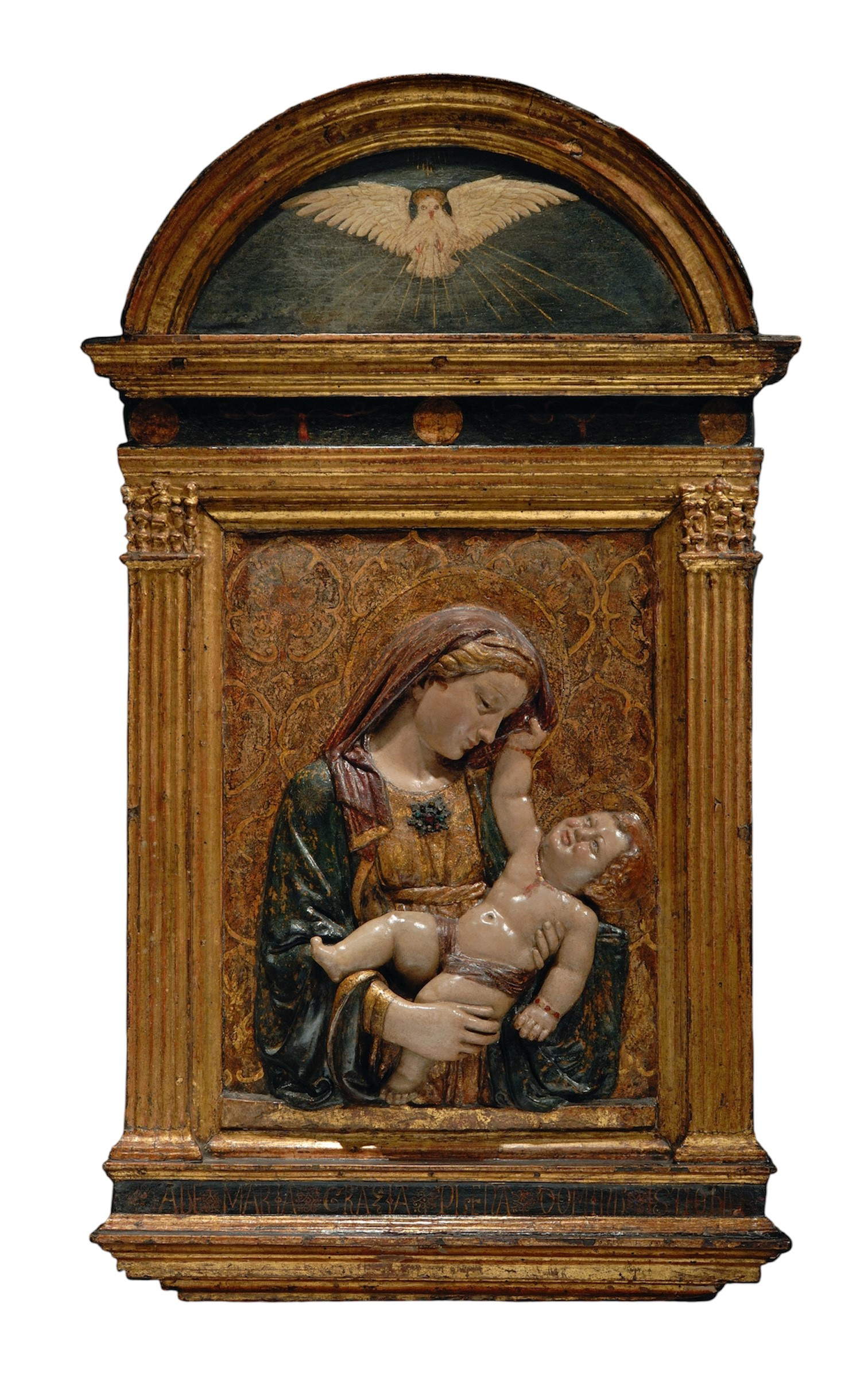 Andrea di Lazzaro Cavalcanti detto il Buggiano - figlio adottivo di Filippo Brunelleschi, Madonna col Bambino (1435-1440 circa; bassorilievo in stucco dipinto e dorato - Entro cornice a tabernacolo; 126,1 cm)