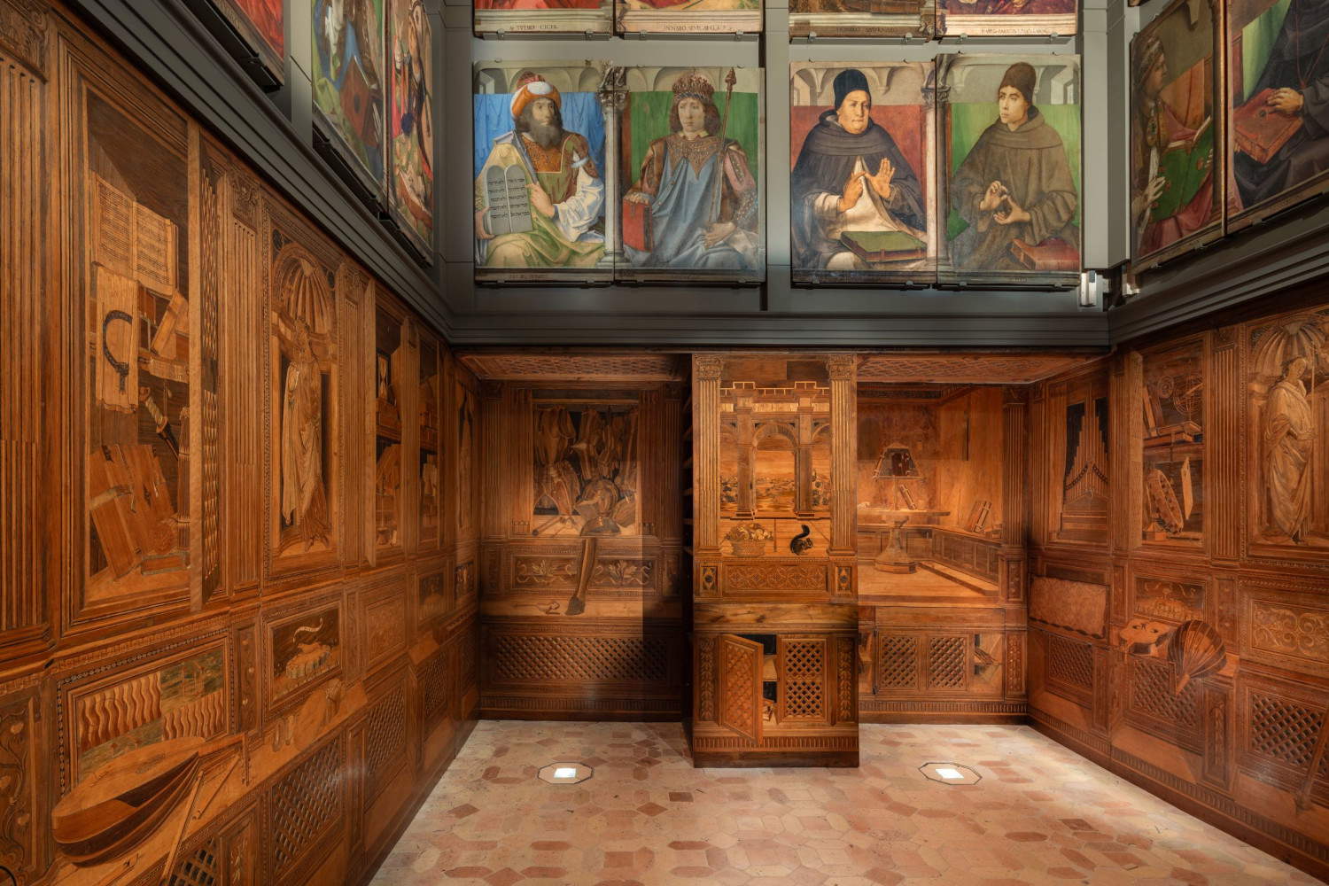 Palacio Ducal de Urbino, reapertura del Studiolo del Duque, restaurado y reconstruido con su aspecto original