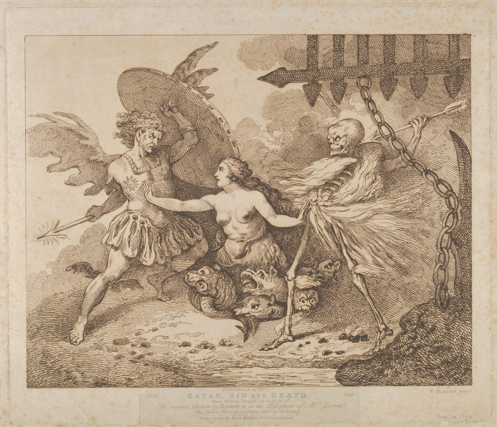 Thomas Rowlandson, „Satan, Sin and Death“ (Paradise Lost, Buch 2) (1792; Radierung, mit brauner Tinte gedruckt; New York, The Metropolitan Museum of Art)