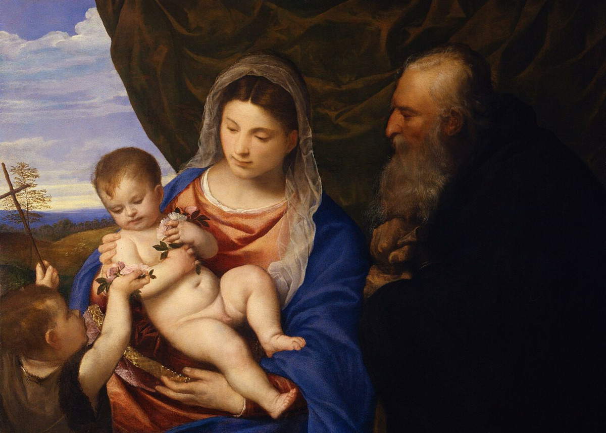 Tizian, Madonna der Rosen (um 1530; Öl auf Leinwand, 69 x 96,5 cm; Florenz, Uffizien)