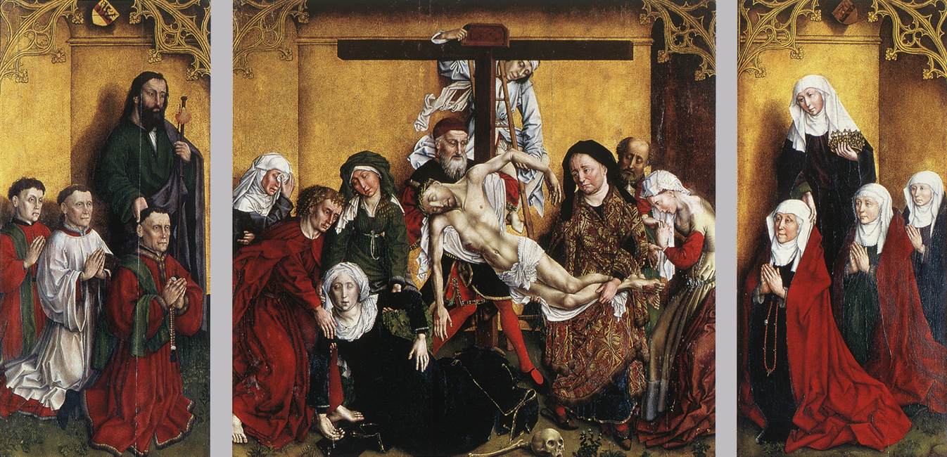 Ignoto fiammingo, Trittico Edelheere (1443; olio su tavola, 100 x 105 cm lo scomparto centrale, 105 x 53 i laterali; Lovanio, Sint-Pieterskerk) Ignoto fiammingo, Trittico Edelheere (1443; olio su tavola, 100 x 105 cm lo scomparto centrale, 105 x 53 i laterali; Lovanio, Sint-Pieterskerk)