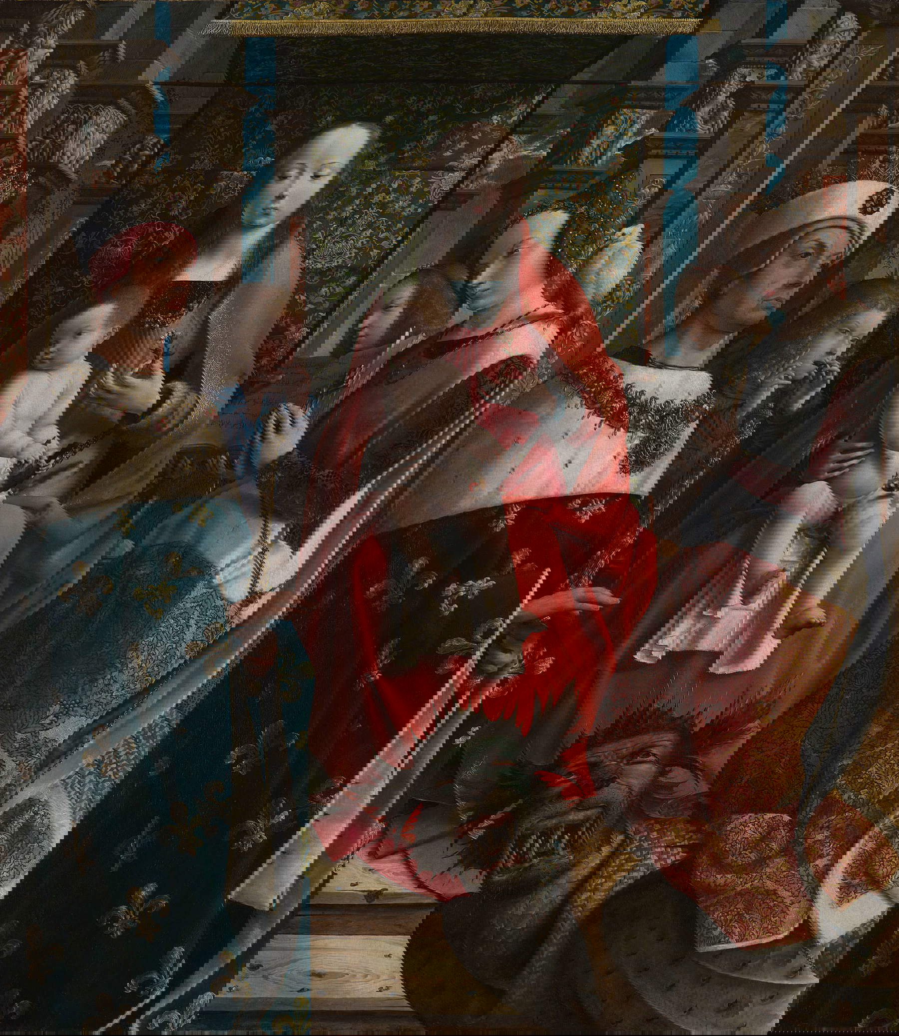 Unbekannter niederländischer oder französischer Künstler, Jungfrau und Kind mit den Heiligen Ludwig und Margarete (um 1510; Öl auf Tafel, 122,2 x 105,8 cm; London, National Gallery) Unbekannter niederländischer oder französischer Künstler, Jungfrau und Kind mit den Heiligen Ludwig und Margarete (um 1510; Öl auf Tafel, 122,2 x 105,8 cm; London, National Gallery)