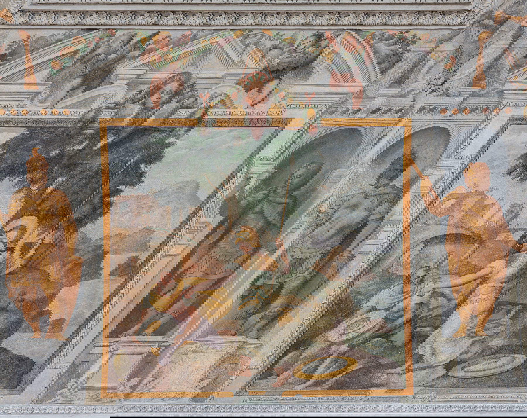 Cadre de la voûte de la salle d'honneur représentant Minerve montrant à Ulysse où cacher le trésor gagné dans la course au disque, Giovanni Battista Castello dit le Bergamasque, vers 1560. Photo : Monica Schettino. En concession de la Fondation Palazzo