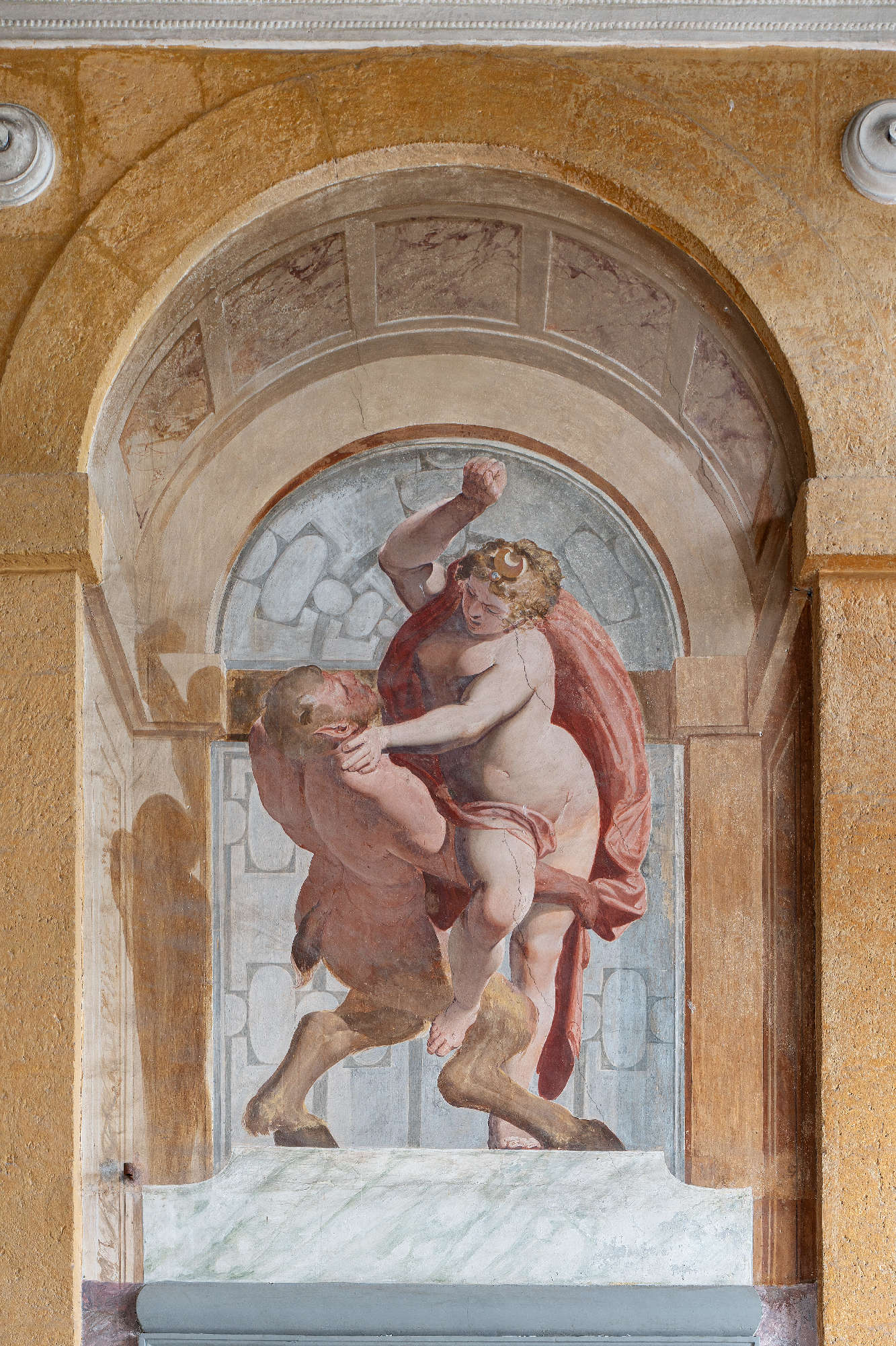 Superposition représentant le combat de Diane avec le satyre dans la Loggia di Levante, Luca Cambiaso, vers 1561. Photo : Monica Schettino. En concession de la Fondation Palazzo