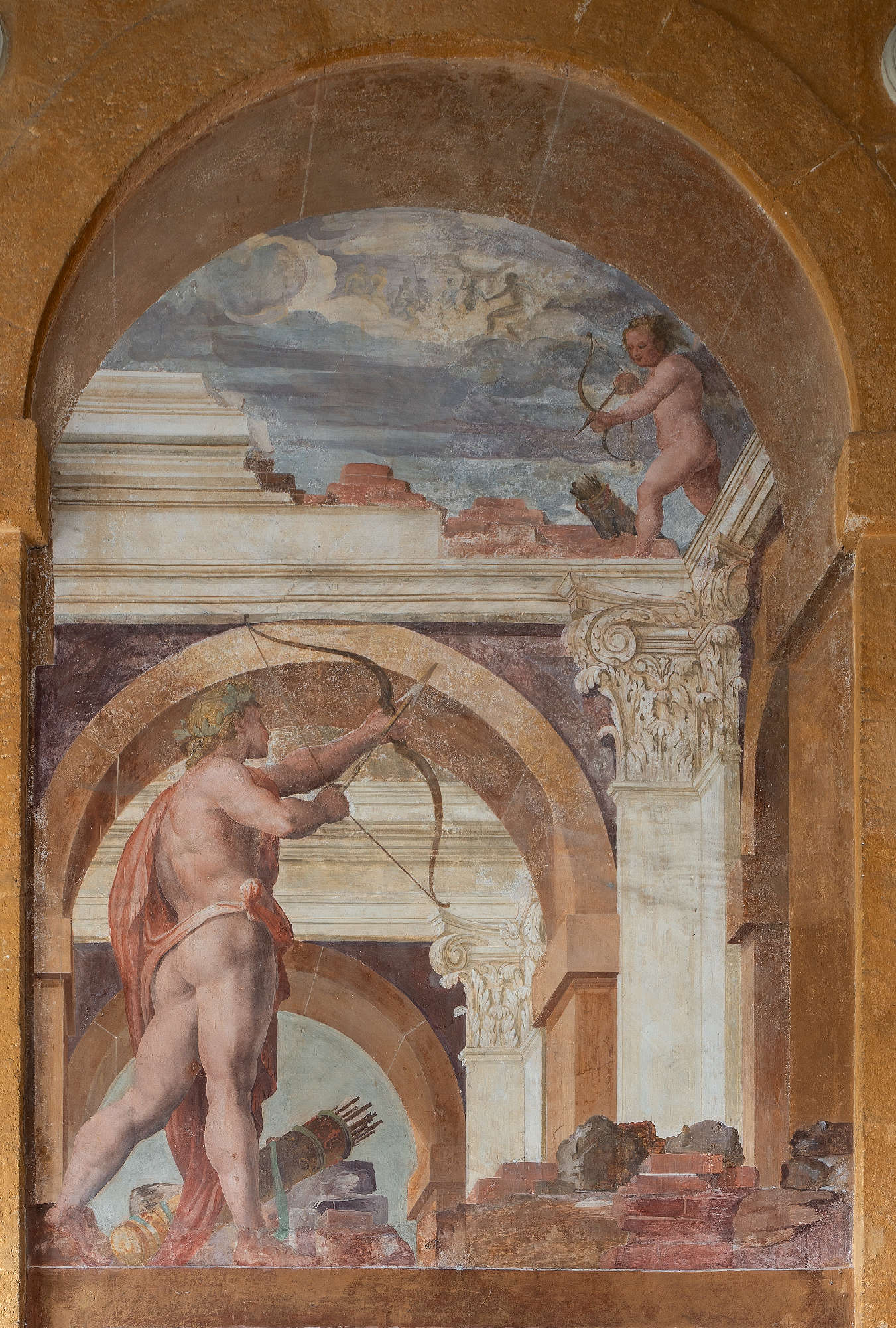 Superposition représentant la lutte entre Apollon et Cupidon dans la Loggia di Levante, Giovanni Battista Castello dit il Bergamasco, vers 1560. Photo : Monica Schettino. En concession de la Fondation Palazzo