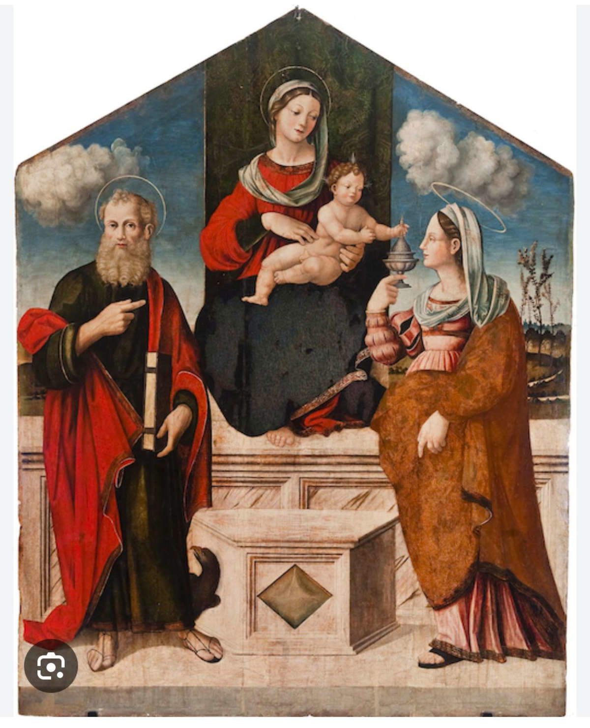 Vincenzo Pagani, Madonna in trono con il Bambino i e Santi Giovanni Evangelista e Maria Maddalena (primo trentennio sec. XVI; olio su tavola) Vincenzo Pagani, Madonna in trono con il Bambino i e Santi Giovanni Evangelista e Maria Maddalena (primo trentennio sec. XVI; olio su tavola)