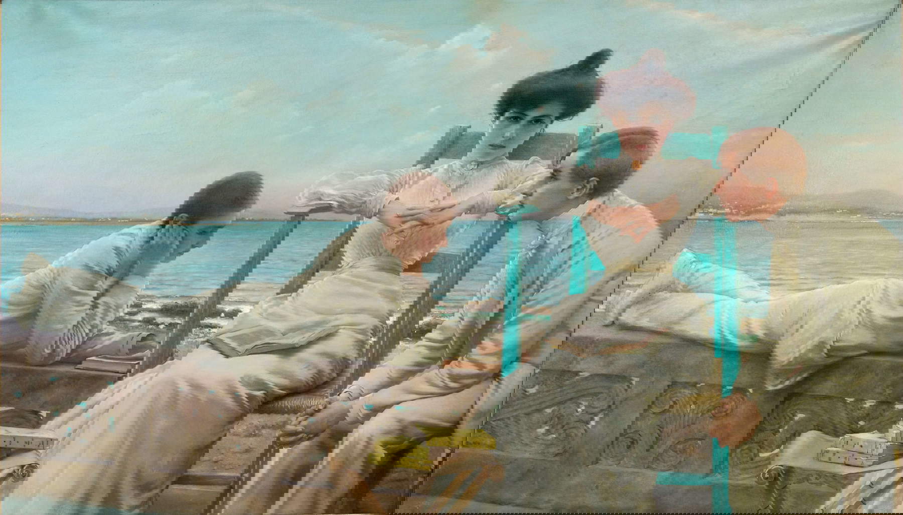 Vittorio Matteo Corcos, In Reading by the Sea (1910; oil on canvas, 130 x 228 cm; Private Collection)