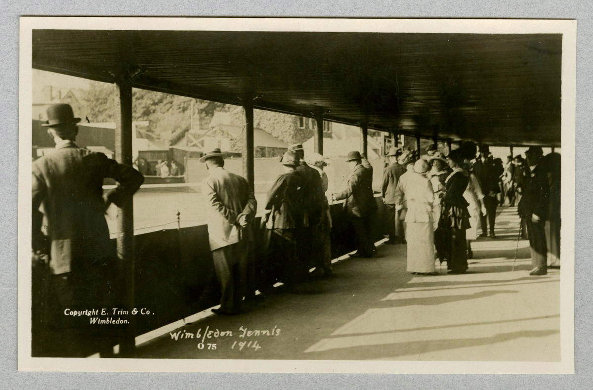Cartolina fotografica in bianco e nero che mostra una vista da sotto una standa all'All England Lawn Tennis Club, Worple Road, 1914