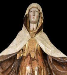 Carved and painted wooden Madonna of Mercy from Camerino restored 