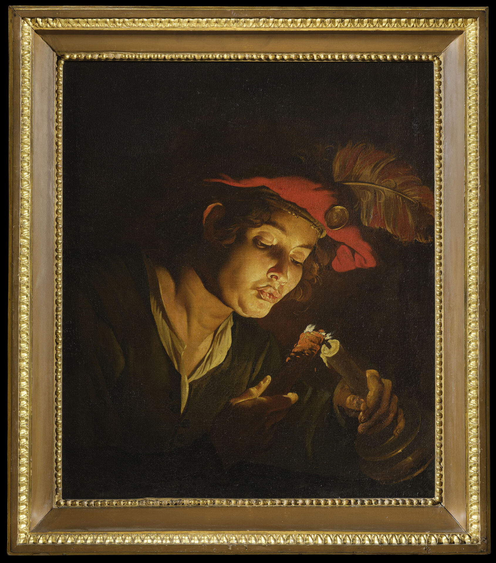 Matthias Stom, Junge, der eine Kerze anzündet, indem er in eine Kerze bläst (Öl auf Leinwand, 72 x 58 cm; Bergamo, Accademia Carrara) &copy; Fondazione Accademia Carrara, Bergamo