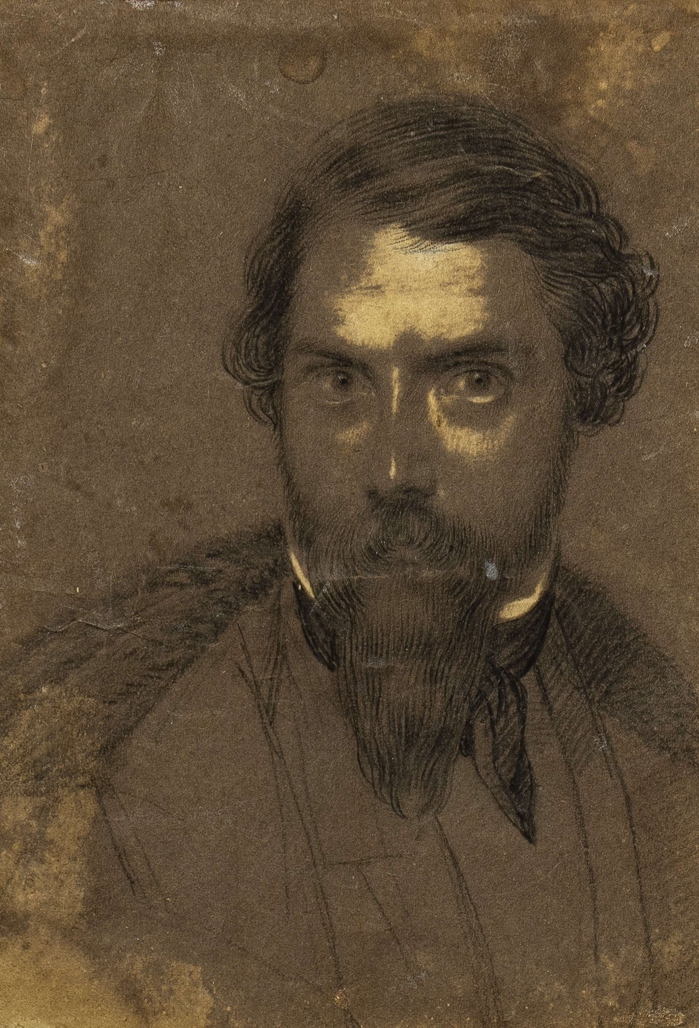 Giuseppe Baldini, Autoportrait (vers 1835 - 1840 ; dessin au fusain et à la mine de plomb sur papier brun, 160 &times; 110 mm ; Livourne, Museo Civico Giovanni Fattori)