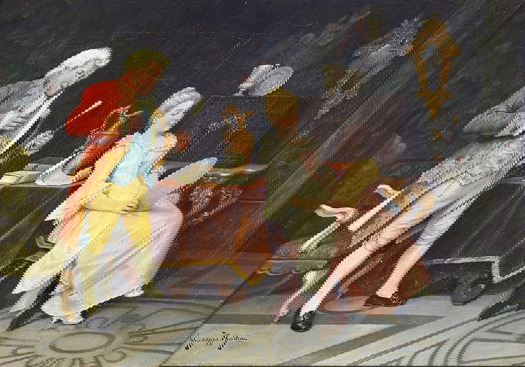 Giuseppe Baldini, Intérieur avec un couple noble (huile sur toile, 33 &times; 47 cm ; vendu aux enchères en Angleterre)