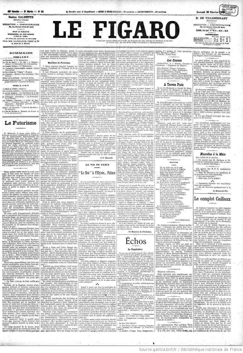 Die Titelseite von Le Figaro vom 20. Februar 1909 mit dem Futuristischen Manifest
