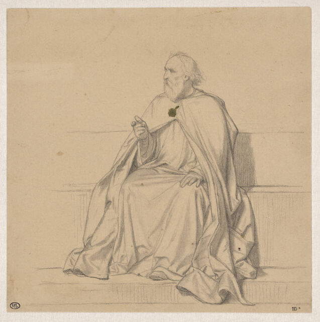 Paul Delaroche, Giovanni Pisano, estudio para el H&eacute;micycle de l'&Eacute;cole des Beaux-Arts, París (c. 1836-1841; lápiz y carboncillo sobre papel beige, 178 x 179 mm; París, Louvre, inv. RF 35332, recto)