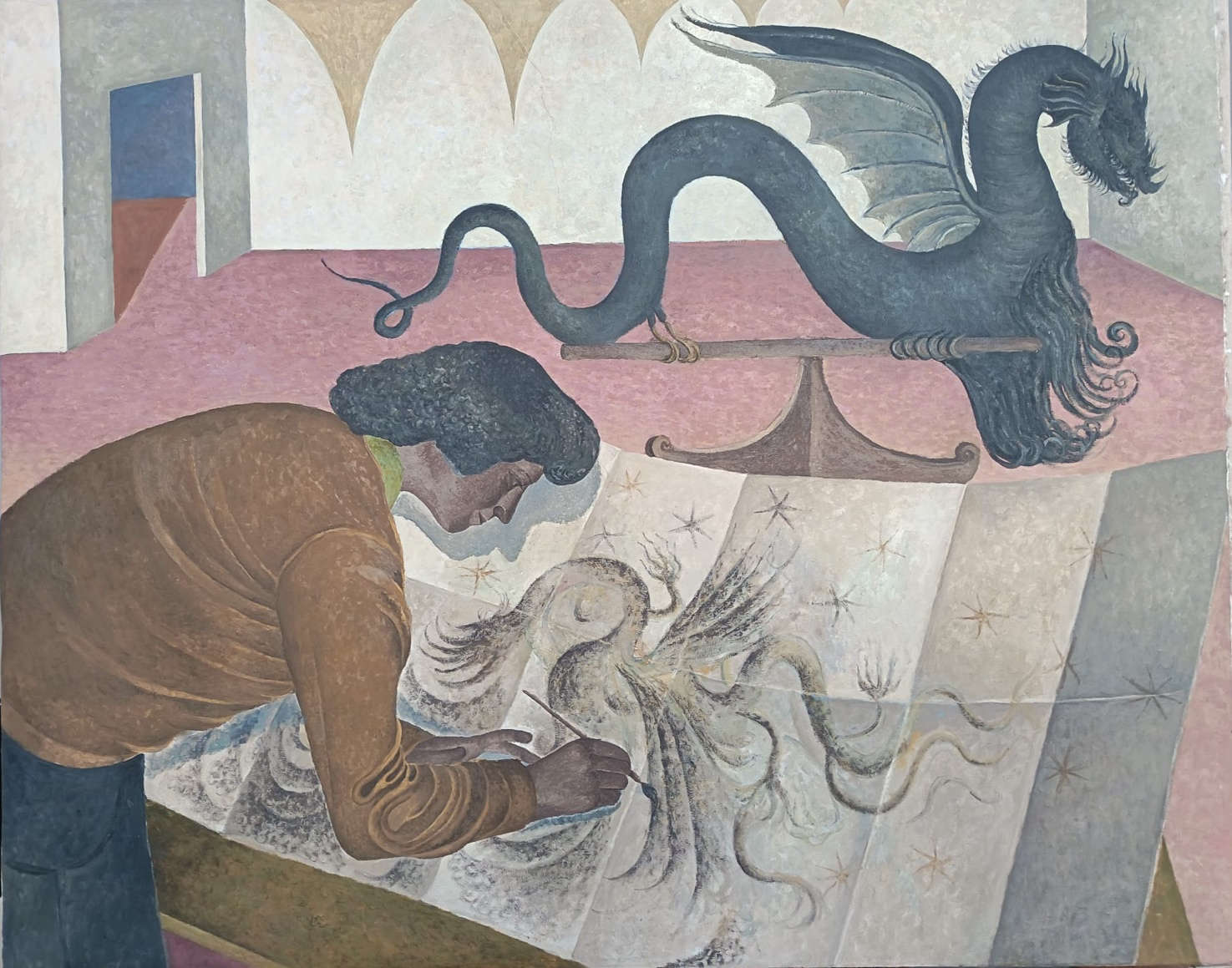 Leonardo Devito, Girigoro (2026; óleo sobre lienzo, 150 x 130 cm). Presenta: Galleria Acappella Precio: 25.700 euros.