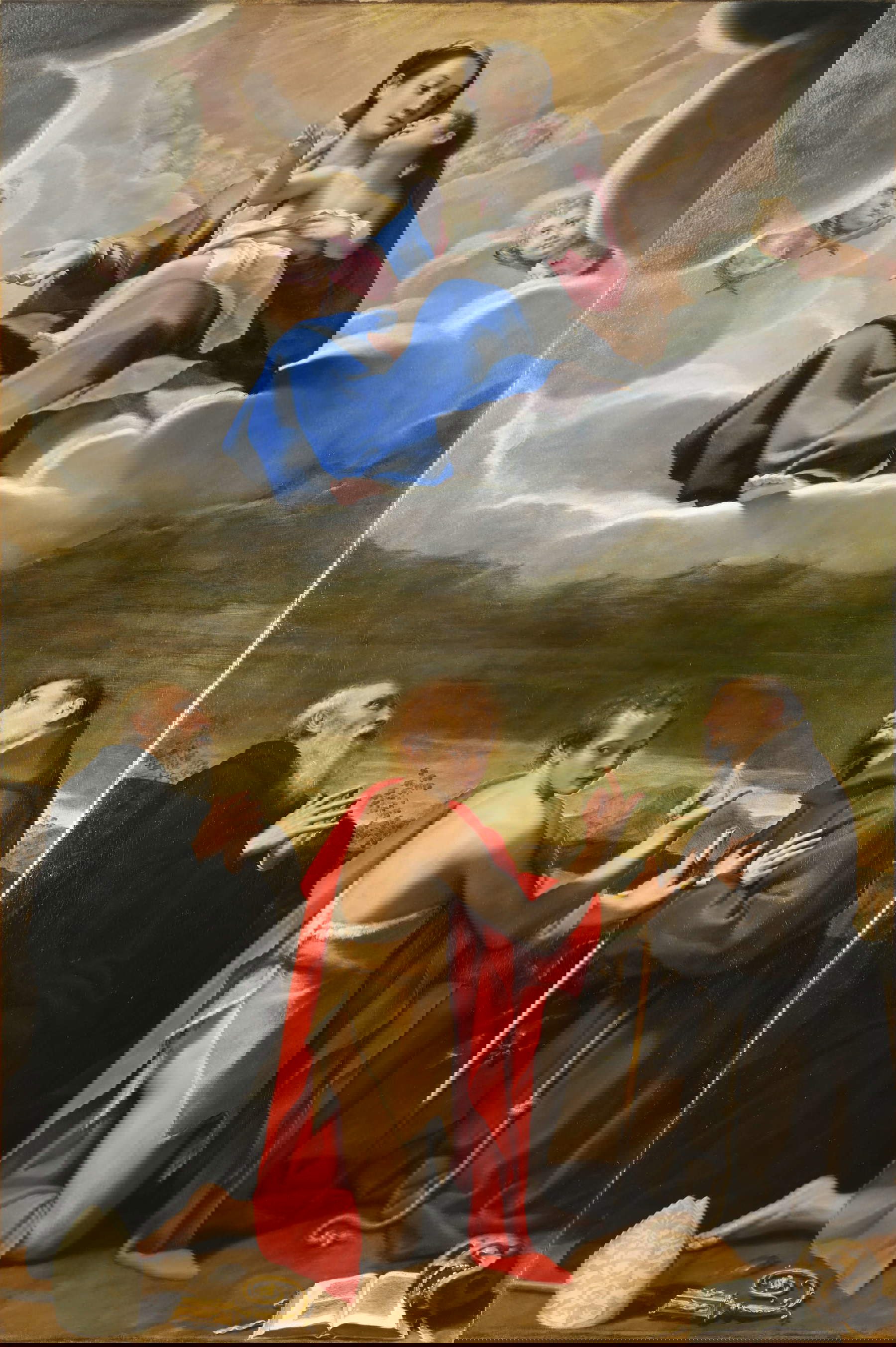 Bartolomeo Cesi, Madonna mit Kind in der Glorie mit den Heiligen Benedikt, Johannes dem Täufer und Franziskus (1595-1598; Öl auf Leinwand, 288 x 191 cm; Bologna, Kirche San Giorgio Maggiore, Eigentum des Fondo Edifici di Culto del Ministero dell'Interno)