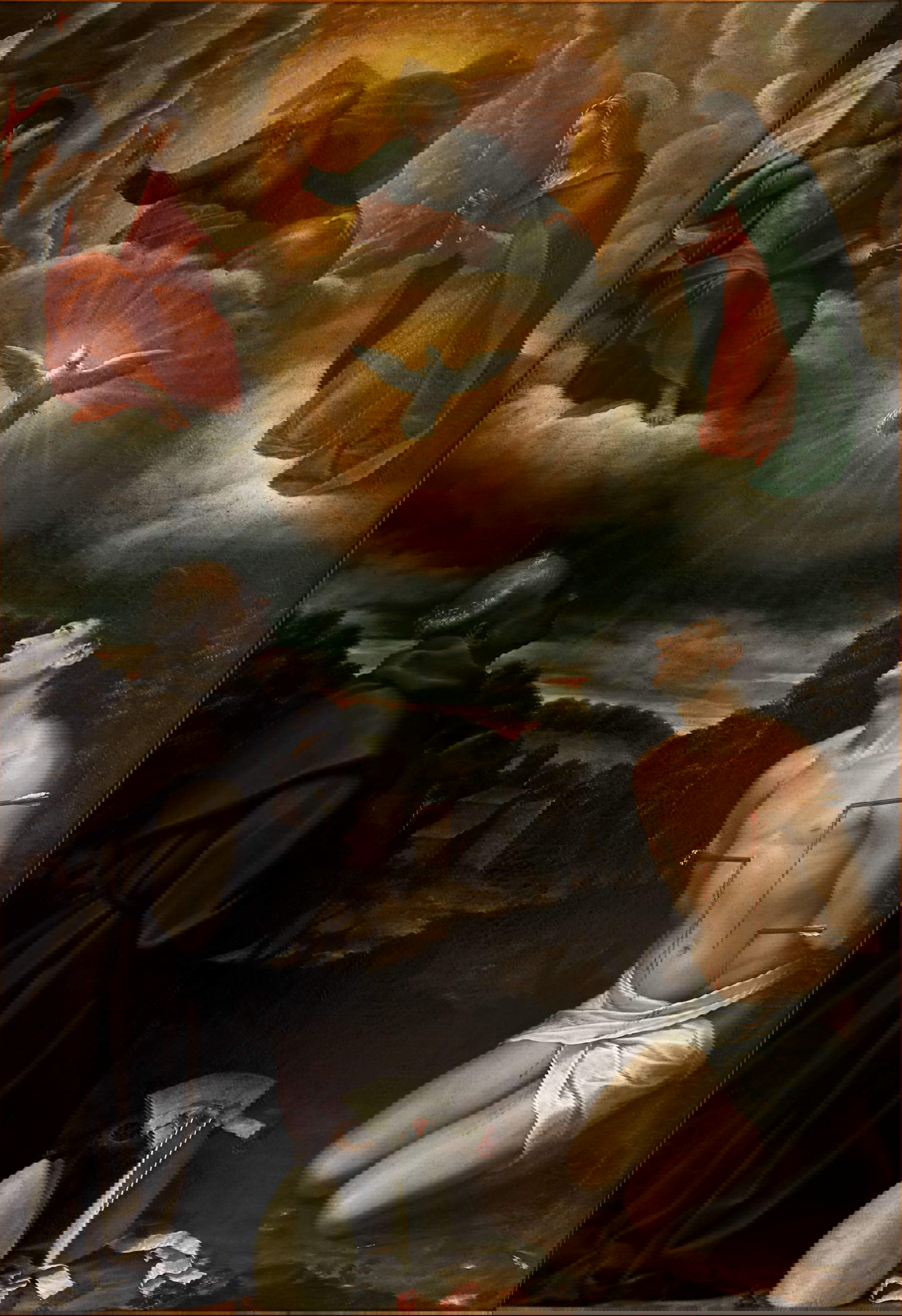 Bartolomeo Cesi, Die Dreifaltigkeit und die von den Heiligen Bernhardin von Siena und Sebastian angebetete Jungfrau (1583-1585; Öl auf Leinwand, 213 x 147 cm; Bologna, IRCCS - Azienda Ospedaliero-Universitaria di Bologna - Policlinico di Sant'Orsola)