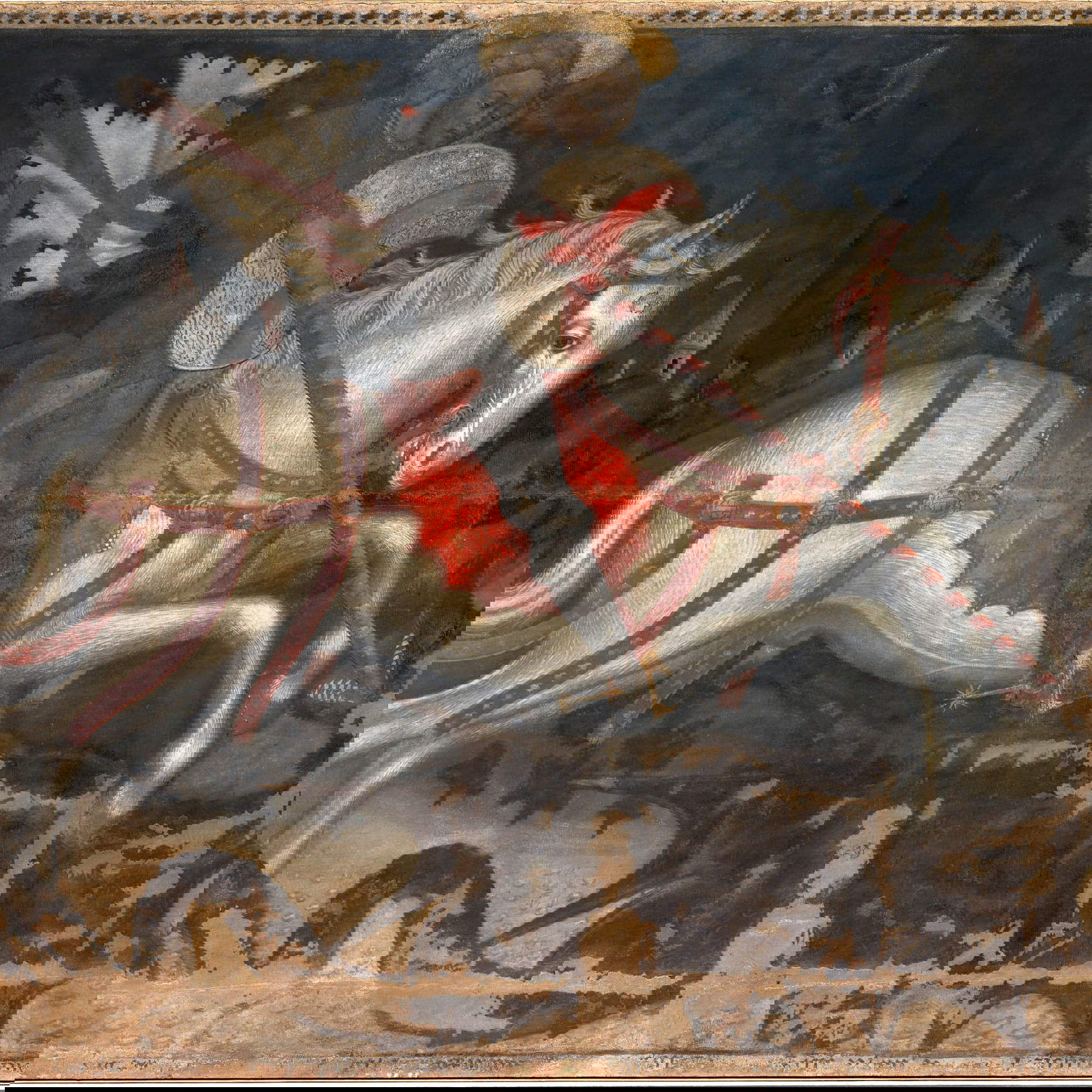 Luchino da Milano, Saint George Slays the Dragon, detail (1444; oil on canvas 180 &times; 330 cm; Genoa, Palazzo San Giorgio)