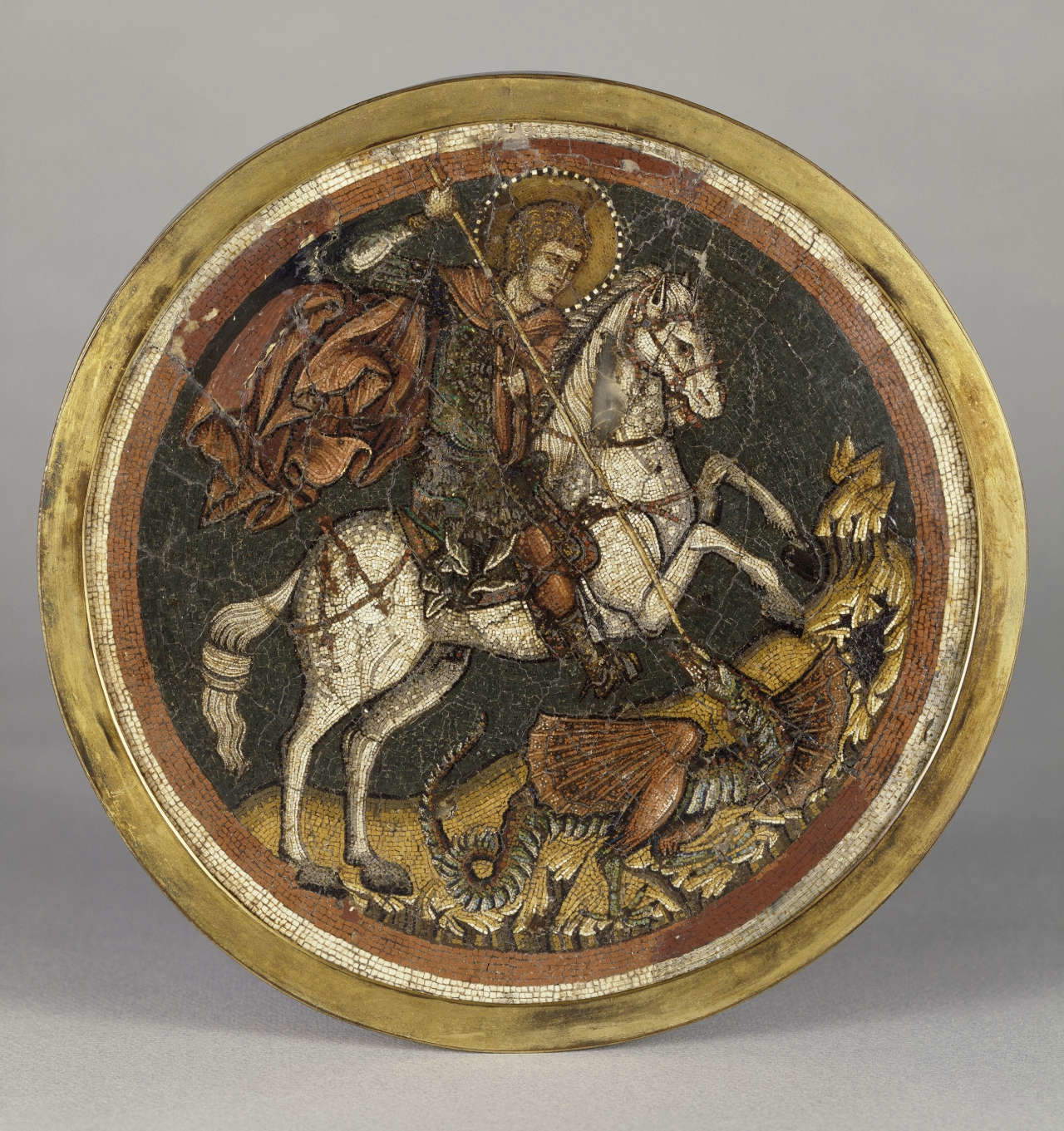 Anonymous Byzantine mosaicist, St. George Slays the Dragon (c. 1300-1350; Micromosaic on wood and copper, diameter 22 cm; Paris, Mus&eacute;e du Louvre, D&eacute;partement des Arts de Byzance et des chr&eacute;tient&eacute;s en Orient)