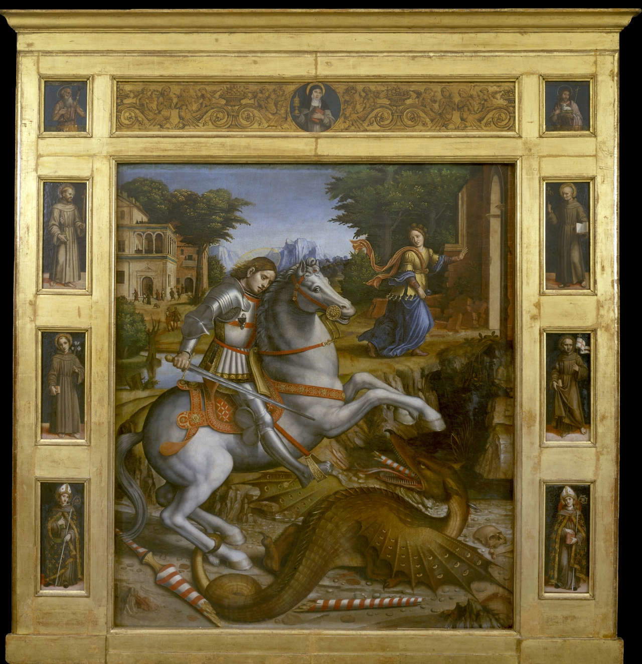 Pietro Francesco Sacchi, Saint George and the Dragon (1520; oil on panel 228 &times; 232 cm; Levanto, La Spezia, Church of the Santissima Annunziata, property of the Municipality of Levanto)
