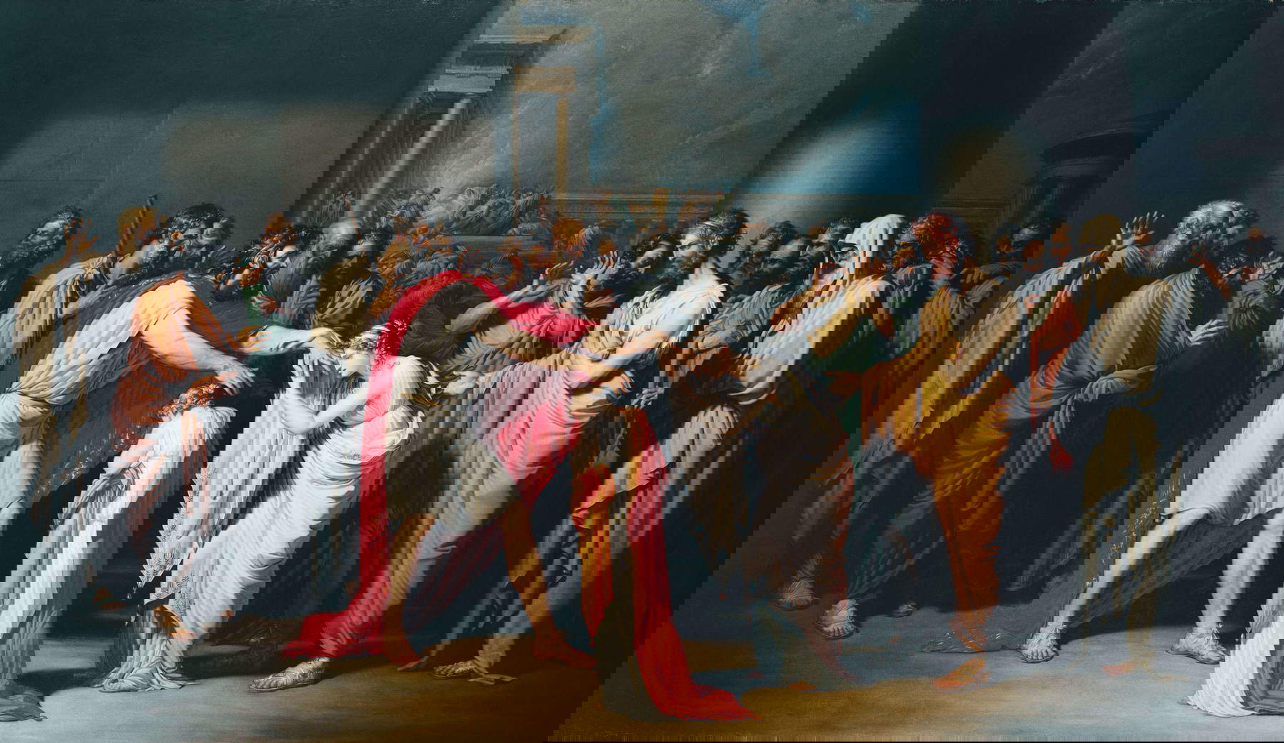 Giuseppe Bossi, Encuentro de Edipo ciego con sus hijas (1805; óleo sobre lienzo, 291 x 494,5 cm; Trezzo sull'Adda, Biblioteca comunale Alessandro Manzoni). Foto: Mario Donadoni