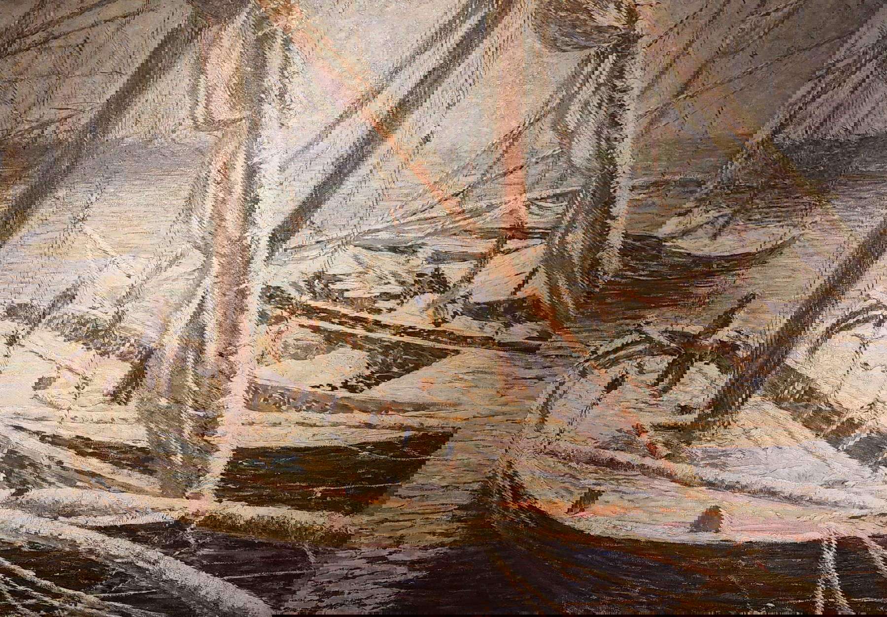 Alberto Calza Bini, Barcos atracados con pescadores (c. 1910; óleo sobre lienzo, 100 x 140 cm; Colección Calza Bini)