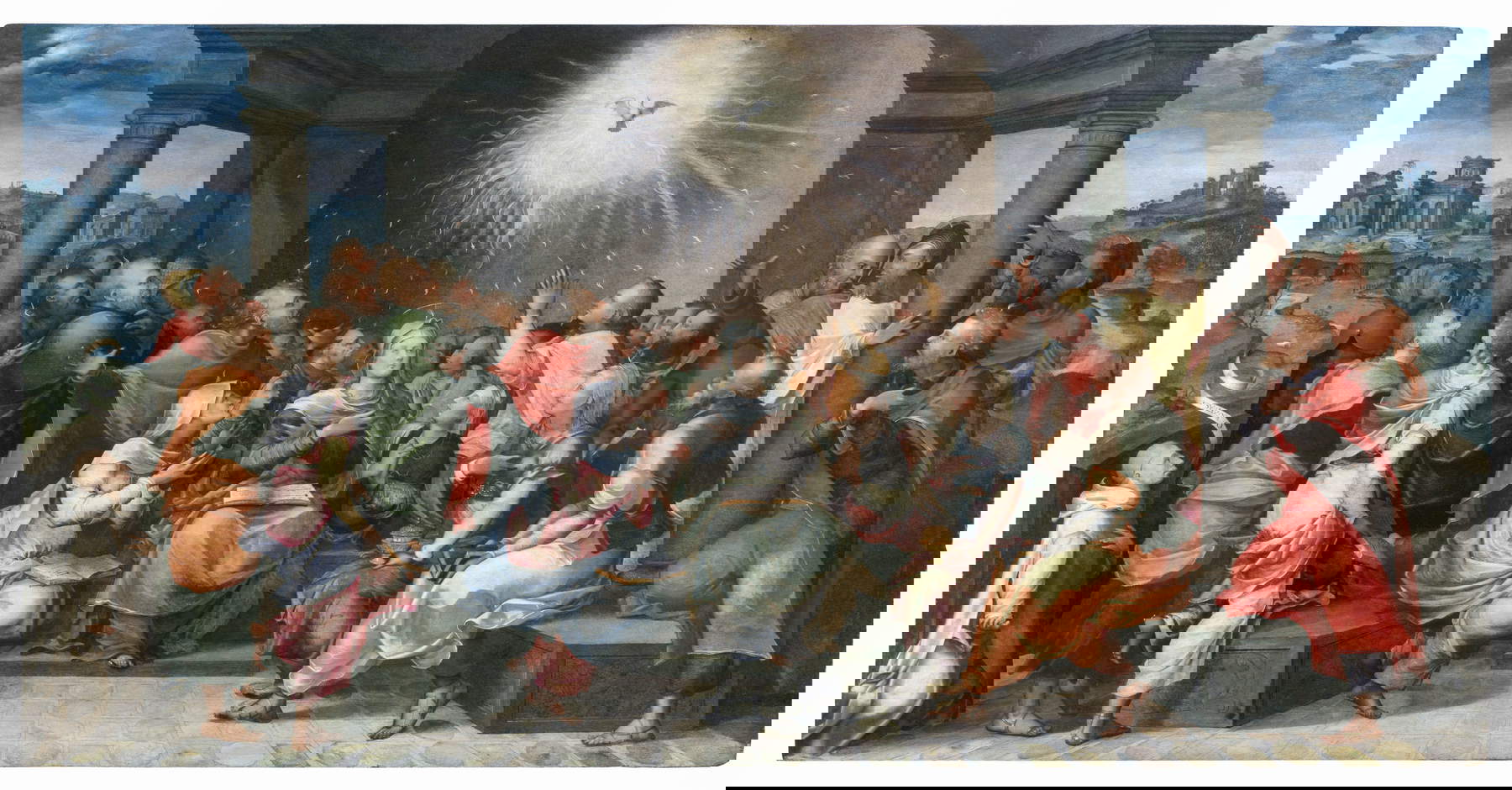 Jean Cousin the Elder, also known as Jean Cousin le P&egrave;re, The Descent of the Holy Spirit (Pentecost) (dated 1558; oil on panel, 100 &times; 198.1 cm). Presented by: Caretto &amp; Occhinegro