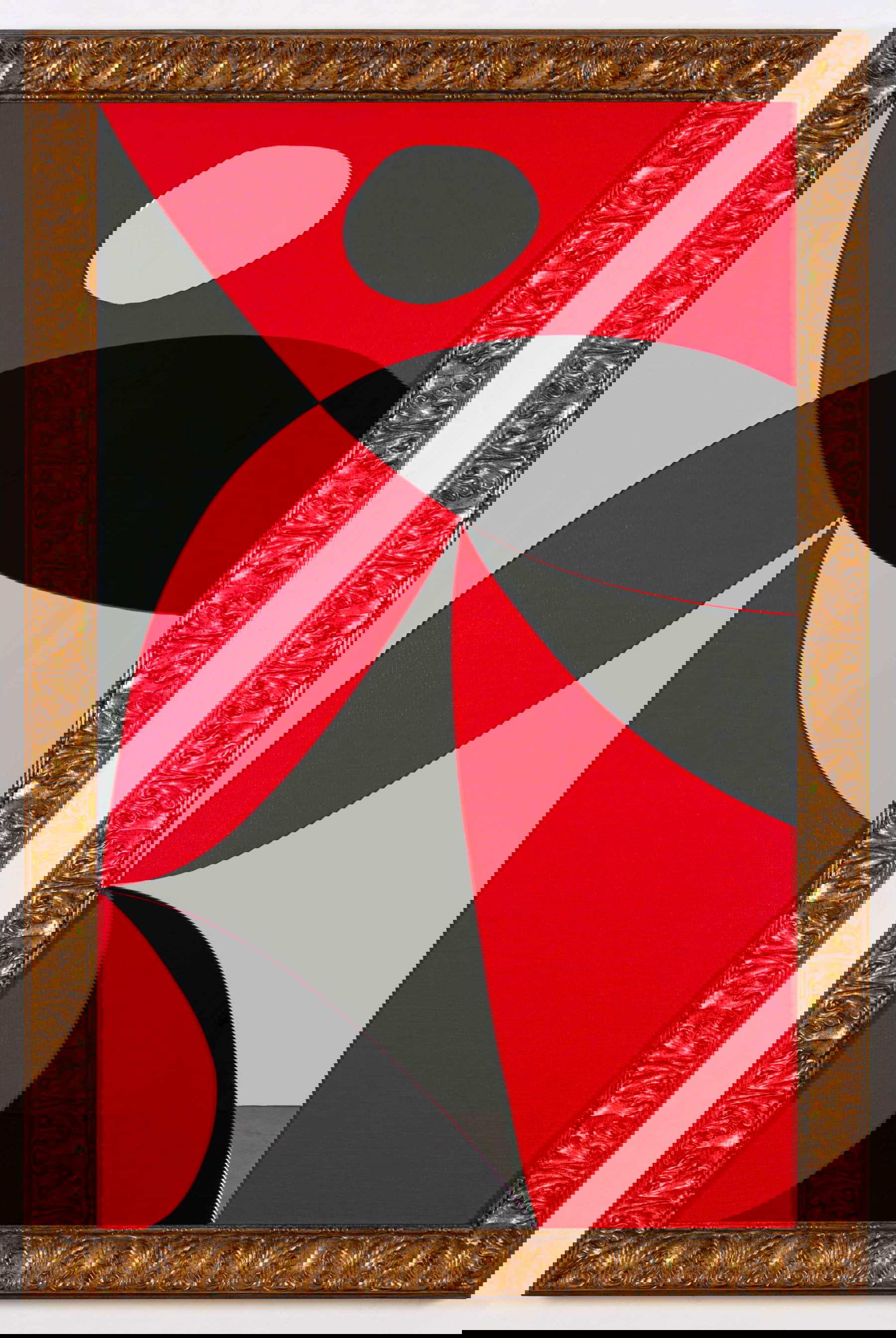 Michelangelo Pistoletto, Color and Light (2024; black and silver mirror, jute, wood, gold frame, 180 x 120 cm). Presented by: Galleria Continua