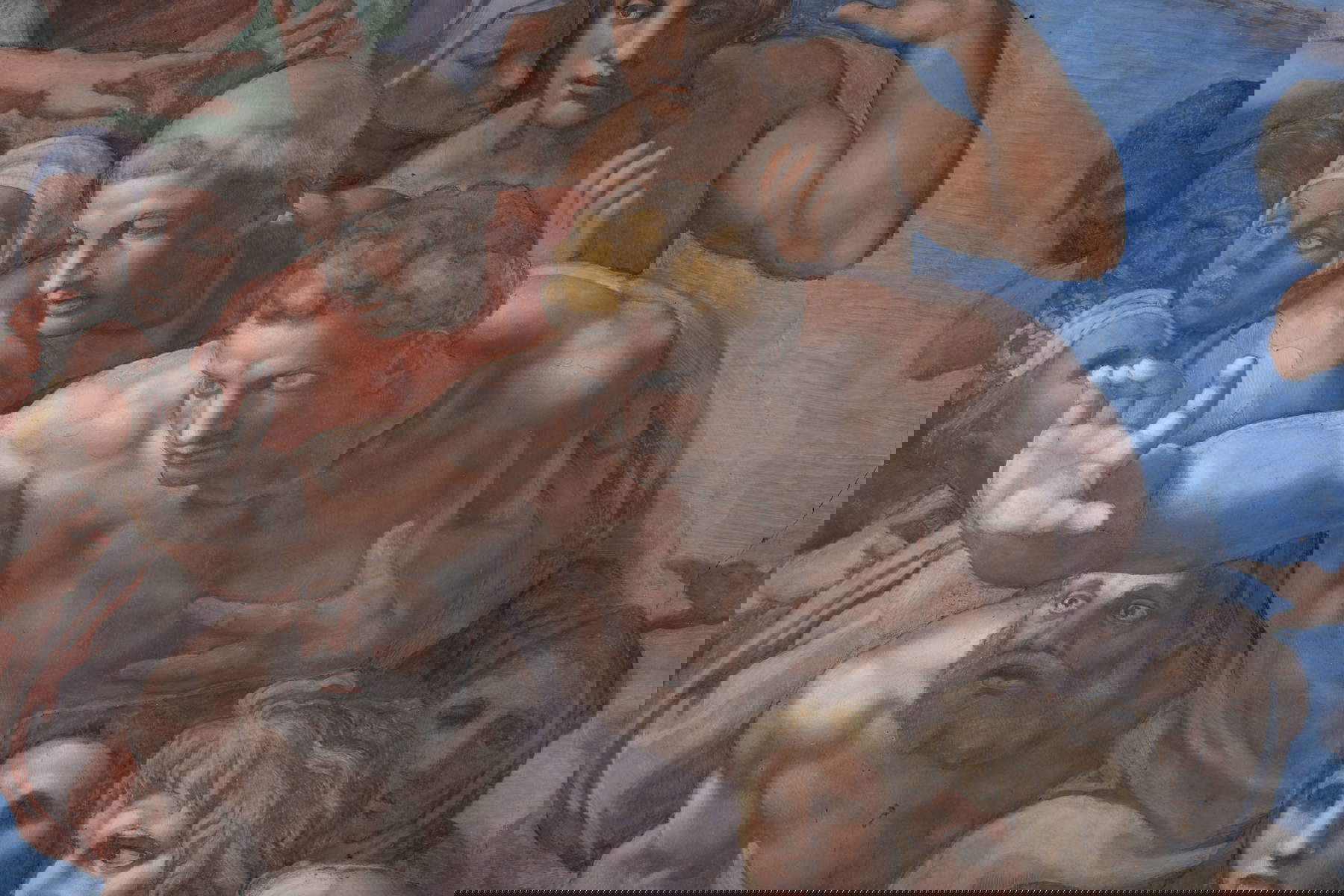 Chapelle Sixtine, Jugement dernier, détail d'un groupe autour du Christ, avant l'intervention : on voit la patine blanchâtre qui recouvre le film de peinture. Copyright &copy; Governatorato SCV - Direzione dei Musei. Tous droits réservés.