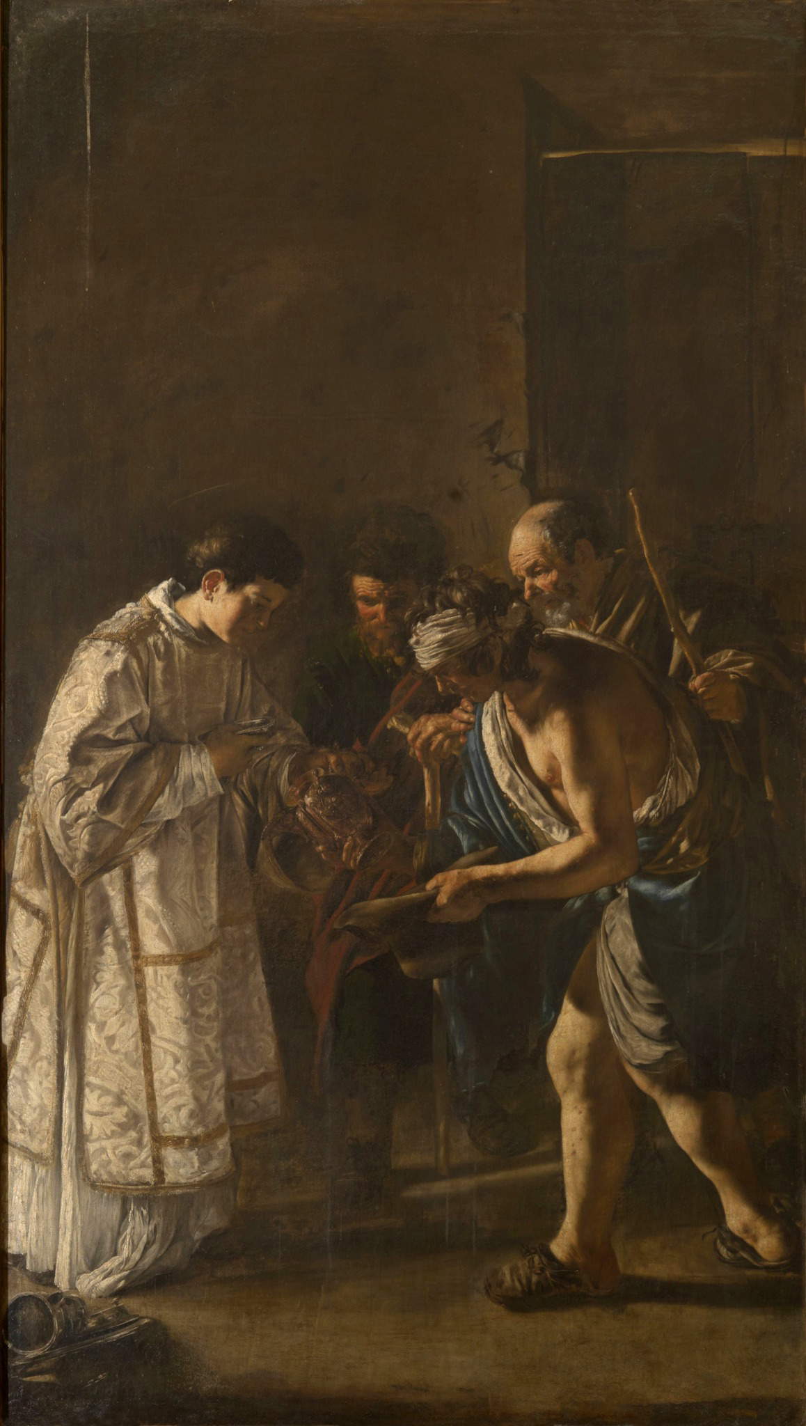 Giovanni Serodine, Elemosina di san Lorenzo (c. 1620-1625; óleo sobre lienzo, 303 &times; 171 cm; Veroli, Museo de la Abadía de Casamari)