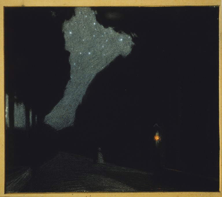 Domenico Baccarini, Verliebte Nacht - Poetische Allee (1903-1904; Kohle, Bleiweiß und rote Tempera auf Papier, 27 x 31,5 cm; Faenza, Pinacoteca Comunale)