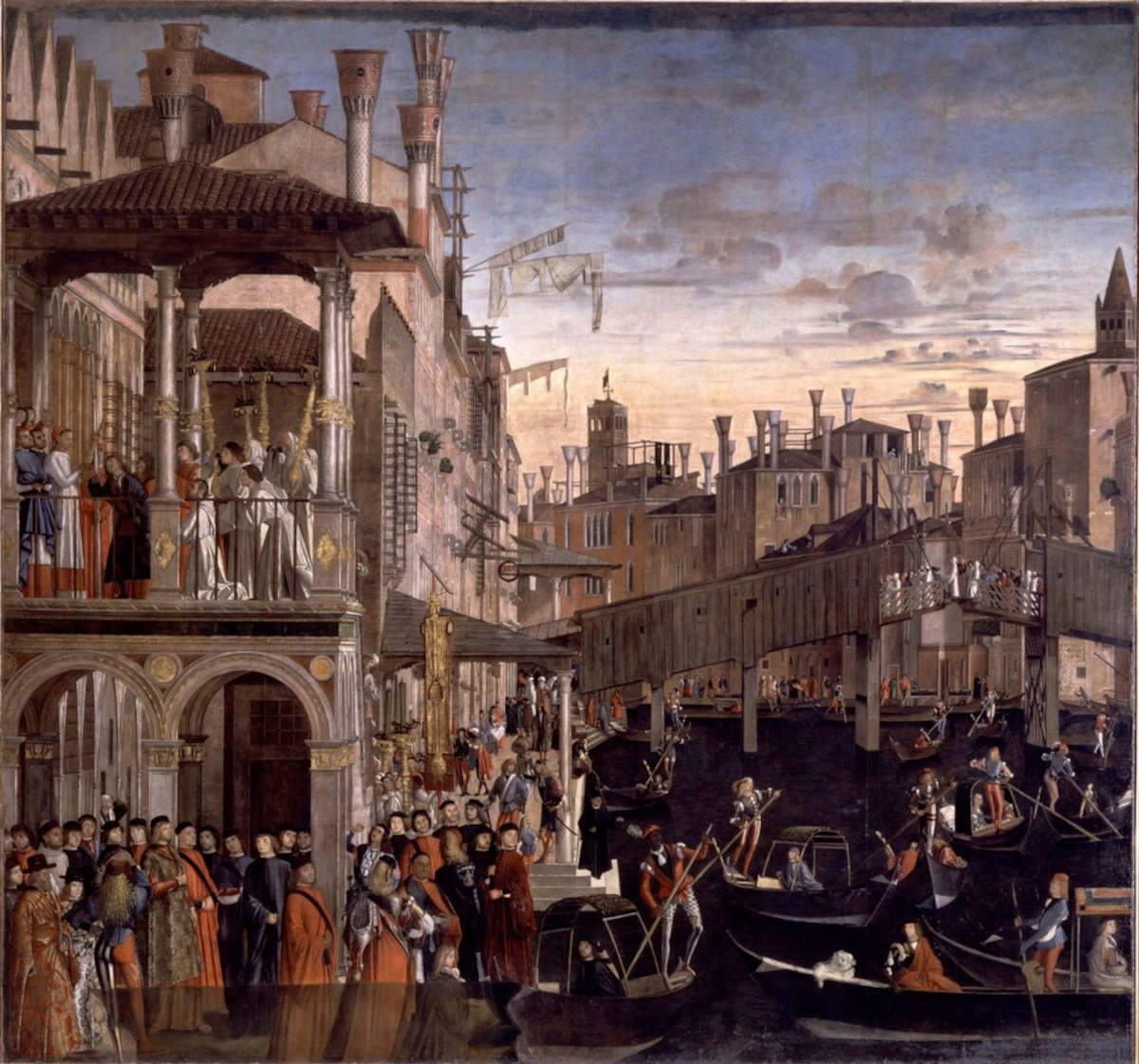 Vittore Carpaccio, Il miracolo della reliquia della Croce al ponte di Rialto (1496 circa; tela, 371 x 392 cm; Venezia, Gallerie dell&rsquo;Accademia)