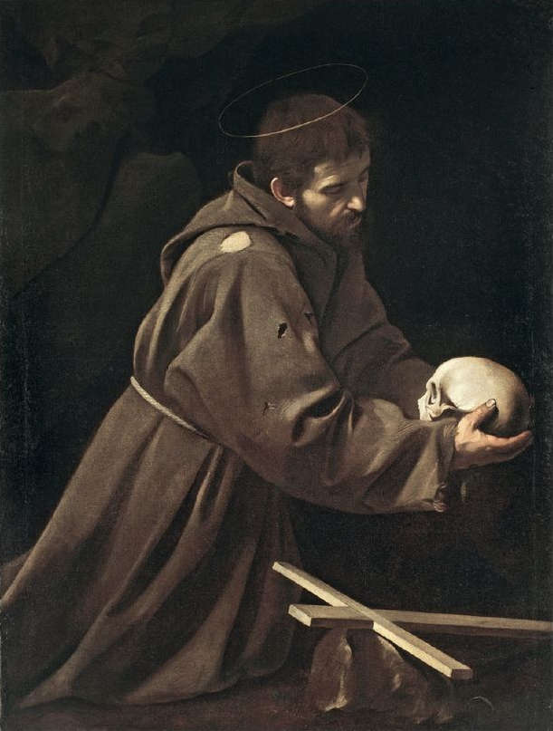 Caravaggio (attr.), San Francesco in meditazione (olio su tela, 128,5 x 97,6 cm; Roma, Museo dei Cappuccini)