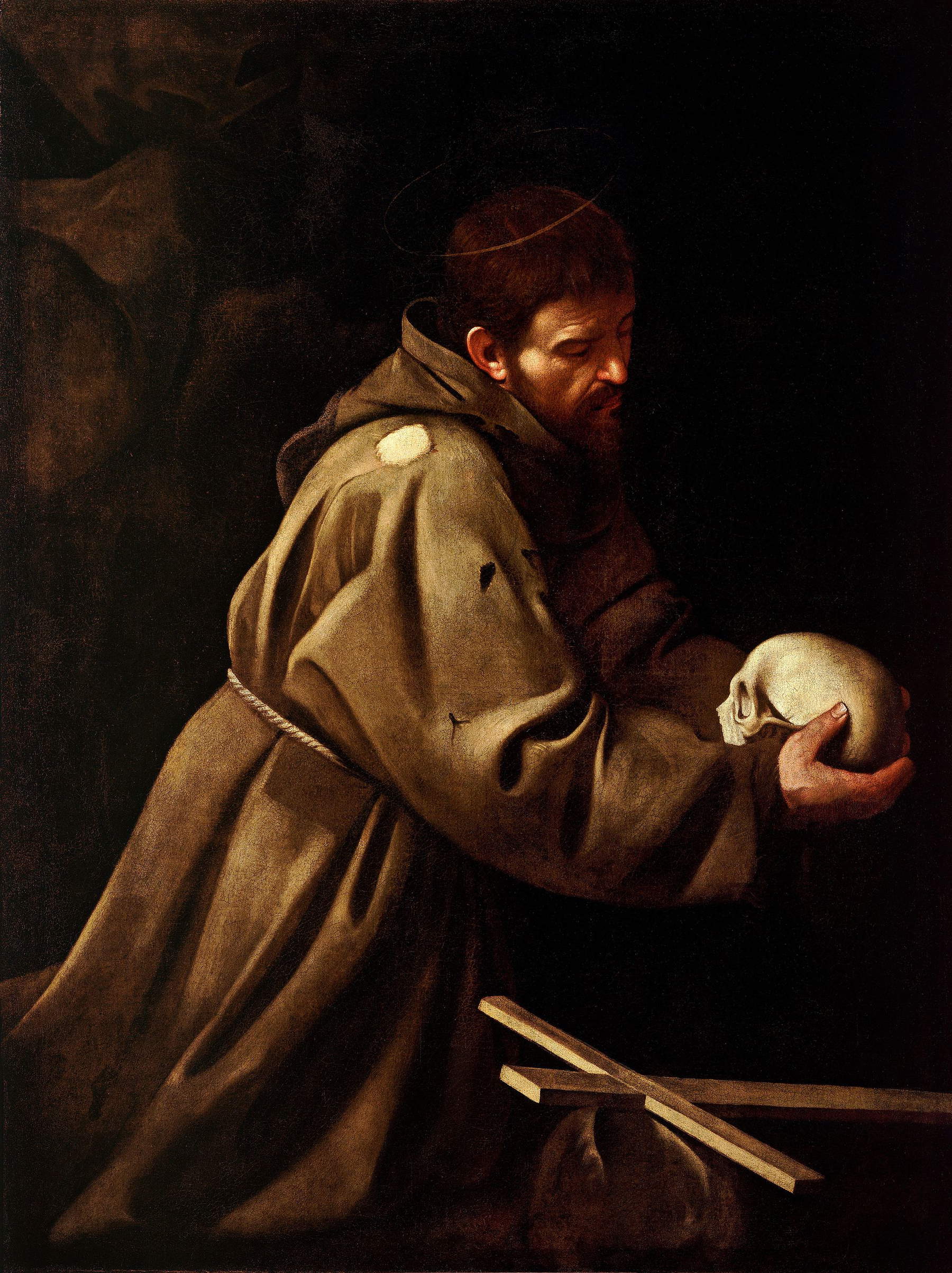 Caravaggio (attr.), San Francesco in meditazione (olio su tela, 128 x 97,4 cm; Roma, Galleria Nazionale d'Arte Antica, in deposito da Carpineto Romano, chiesa di San Pietro)