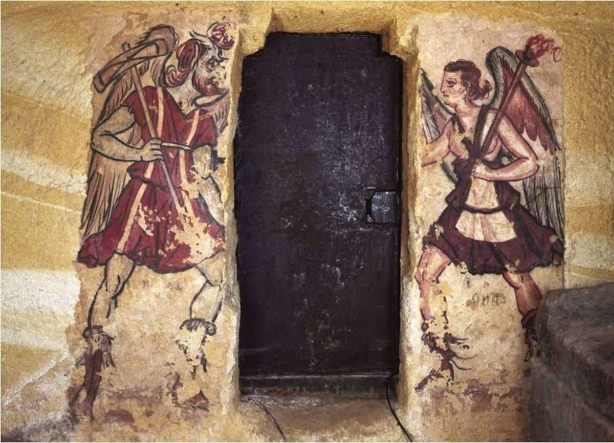 Etruscan art, Charun and Vanth (275-150 BC; wall painting; Tarquinia, Tomb of the Anina). Photo: Etruscan Necropolis of the Crucifix of the Tuff Orvieto.